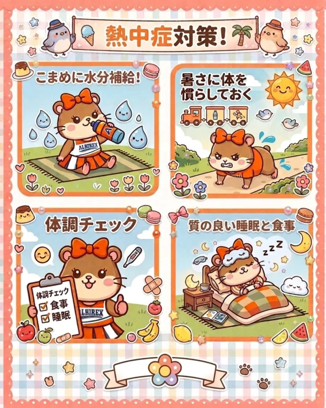.
.
.
☀️熱中症に気をつけましょう🌻

暑さが本格化するこれからの季節🥵
チアダンスを楽しむために、まずは「安全」という土台を固めていきましょう✊✨

ダンスは想像以上に体力を消耗するスポーツです！
まずは予防・対策をしっかり行ってからレッスンスタートですよ〜☺️

◾️こまめな水分補給をしよう☝️
「喉が渇いた」と感じた時は既に脱水の一歩手前です。
休憩ごとに少量ずつ、こまめに水分を摂取しましょう。

◾️お水だけでなく、塩分やミネラルも一緒に補うことで、熱中症も筋肉の痙攣（こむら返り）も防ぎます。
電解質の摂取も、熱中症対策には欠かせません☝️

◾️暑さに体を慣らしておく☝️
普段から適度な運動をして汗をかきましょう！
暑さに体が対応できるよう、普段から無理のない範囲で体を動かしながら、少しずつ暑さに慣れておくことが重要です！

◾️食事・睡眠にも気をつけよう☝️
暑さに負けない体づくりのためには、毎日の睡眠と食事がとても大切です。
十分な睡眠をとることで体をしっかり休ませ、バランスの取れた食事で必要な栄養をしっかり補給することで、体力や免疫力の維持につながります！
規則正しい生活を意識しながら、暑い季節を元気に乗り切っていきましょう！

#熱中症対策 #チアダンス
#新潟 #チアスクール #アルビレックス